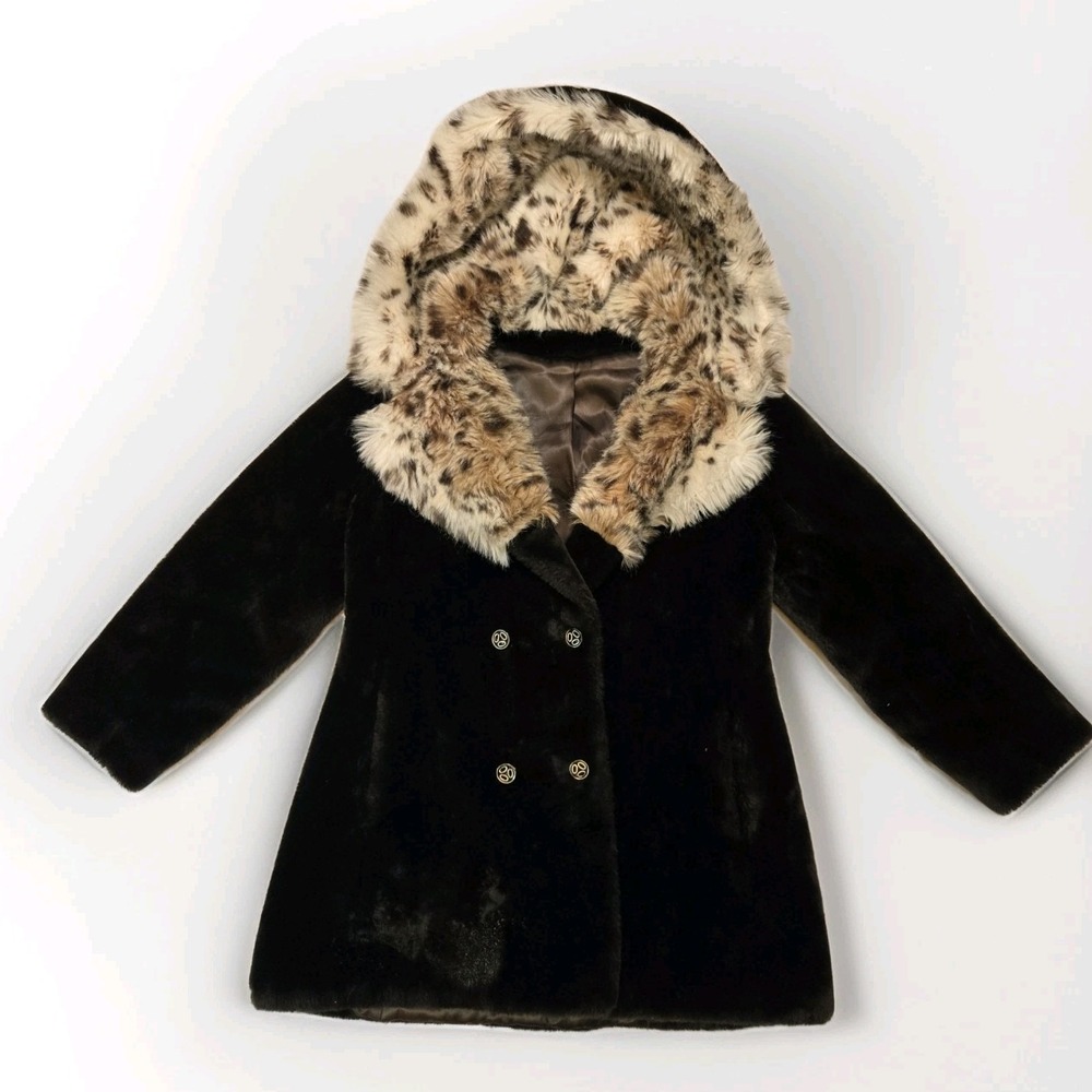 Luxury Women's Winter Faux Brown Fur Coat Faux Lynx‎ Hood Thick Warm Long Sleeve